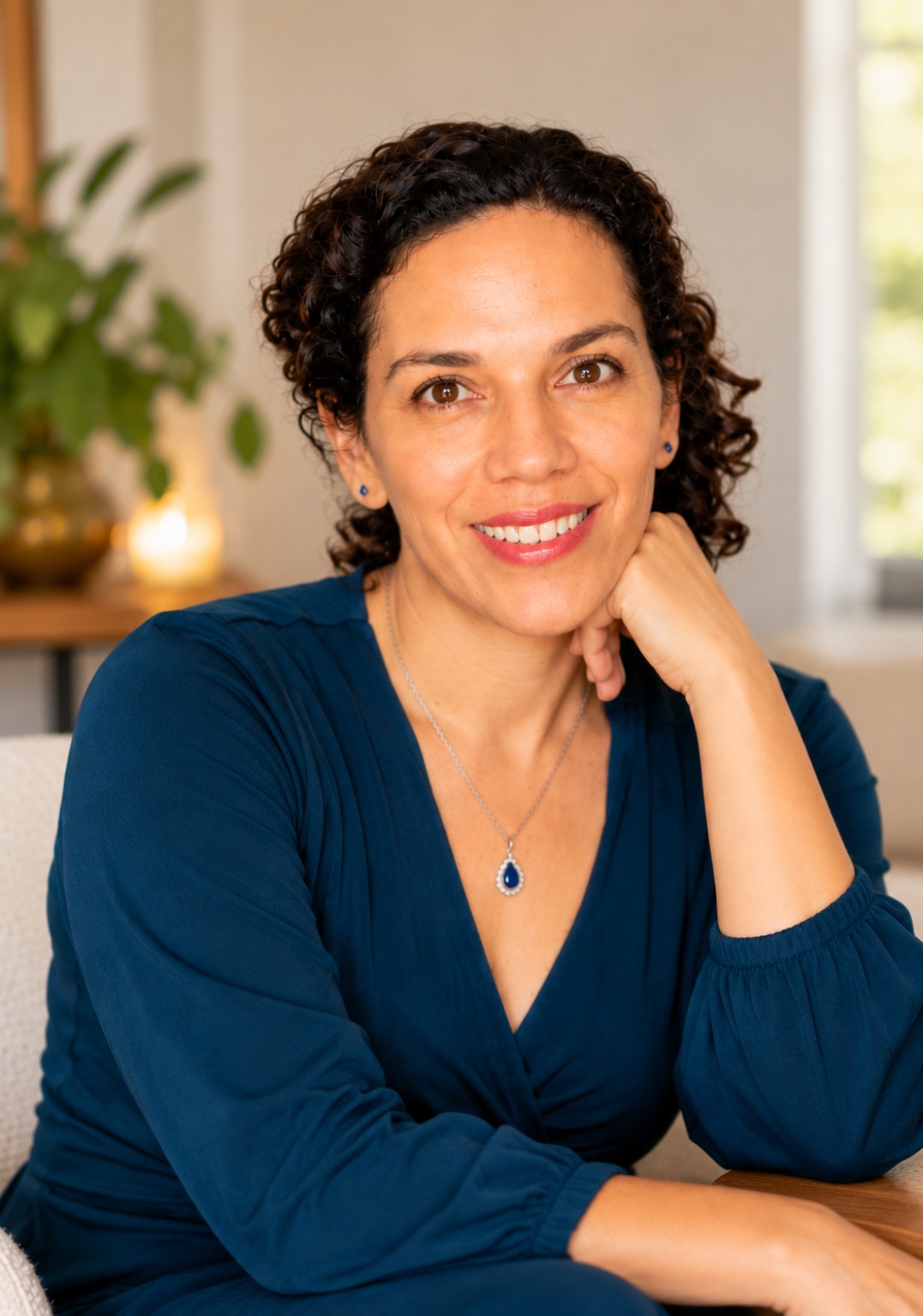 Estrella Medina sentada, con la mano junto al rostro